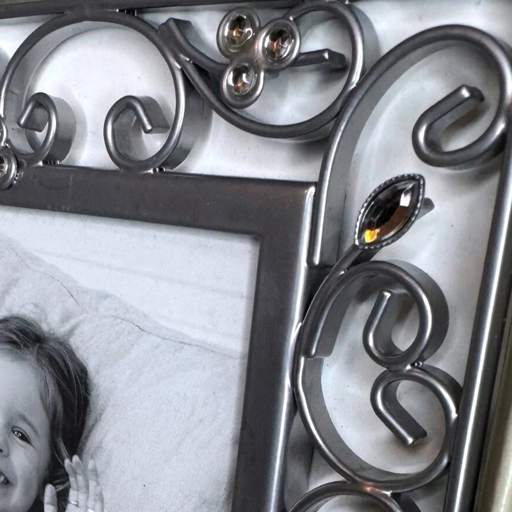 New Burnes of Boston 5x7 Picture Frame Pewter Scroll‎ Crystal Accents 490457 New